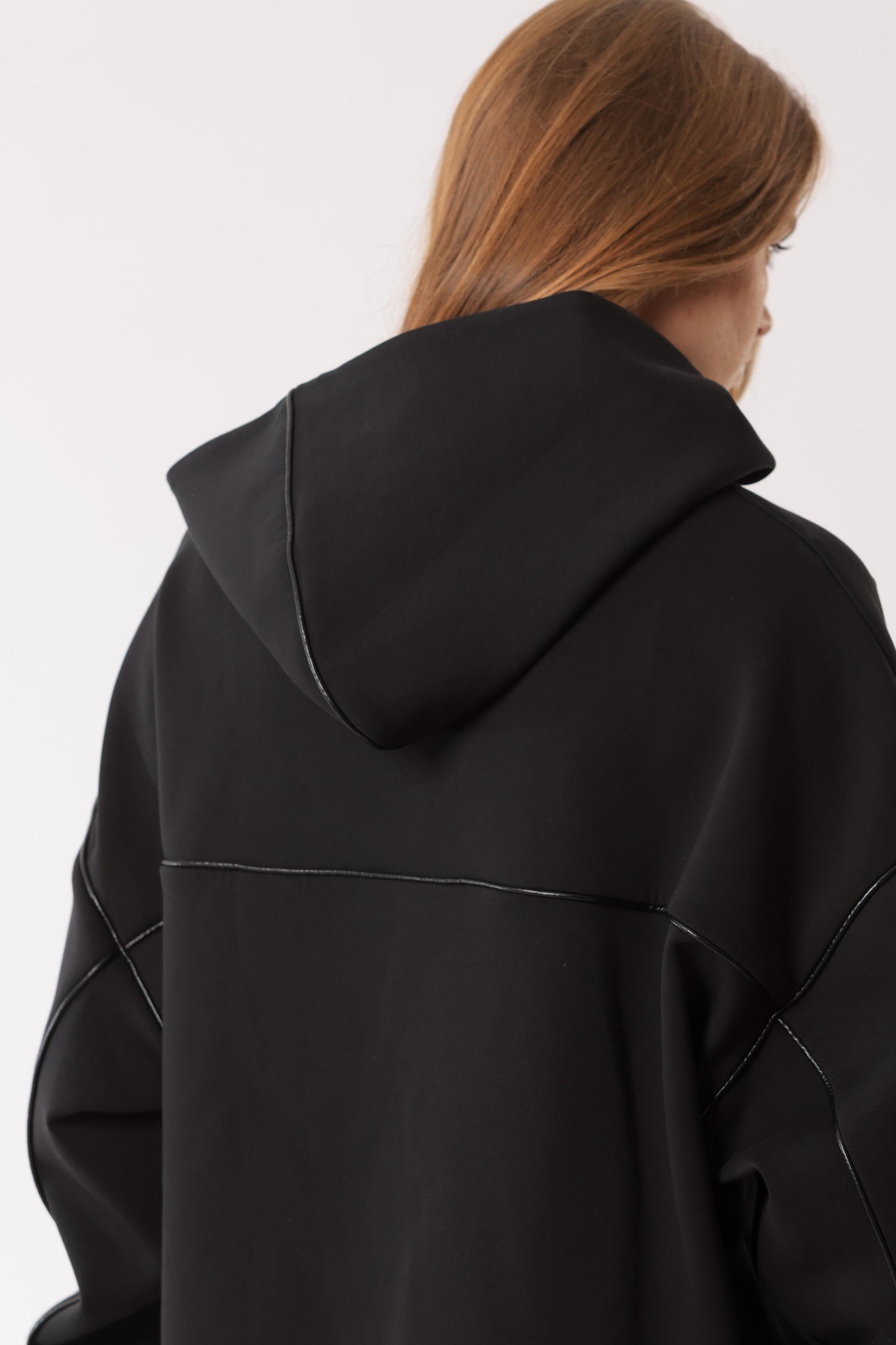 Hoodie with Leather Piped Detailing